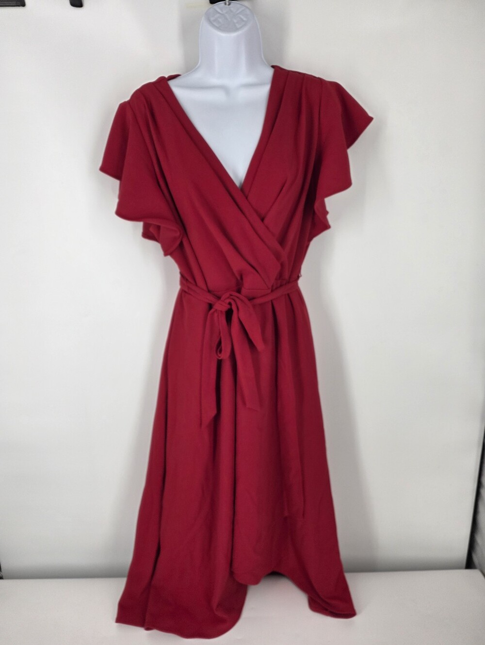 DKNY Red Flutter Sleeve Faux Wrap Midi Dress Size 14